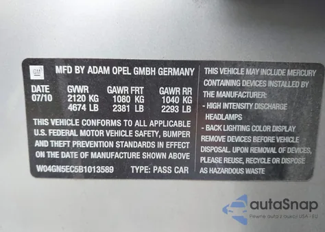 2011 Buick Regal Cxl Russelsheim from USA, damaged, VIN W04GN5EC5B1013589